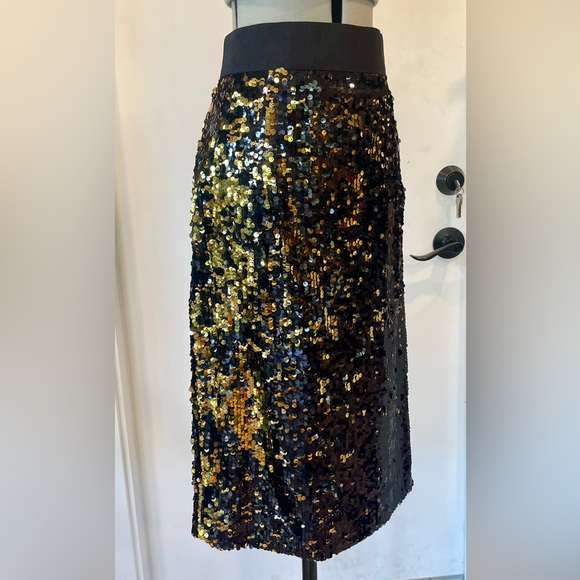 Milly Sequin Midi Skirt, stretch w/ waist band, zip, EUC, black/gold, sz8 - Picture 2 of 11